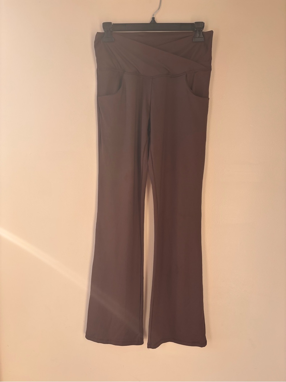 High-Rise Brown Flare Ponte Pants with Crossover Waistband